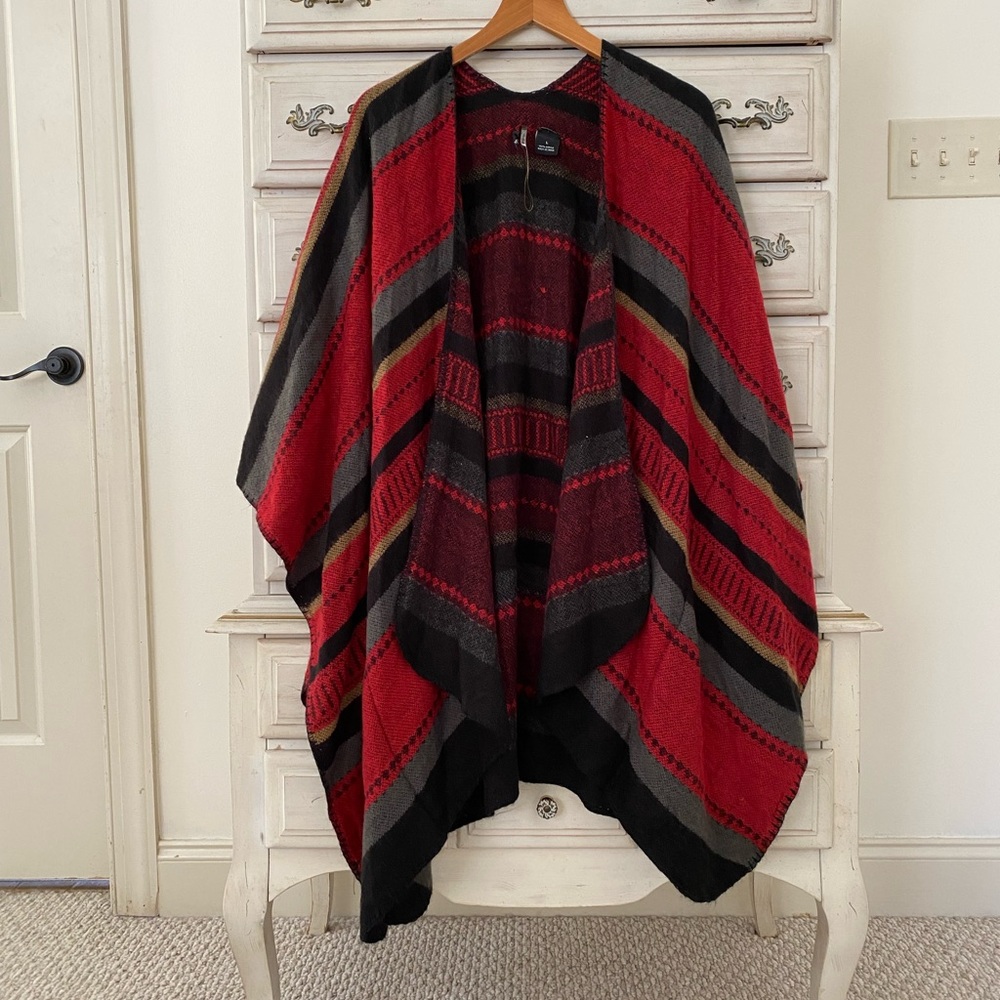 Vici Red Black Striped Open Front Poncho Sweater
